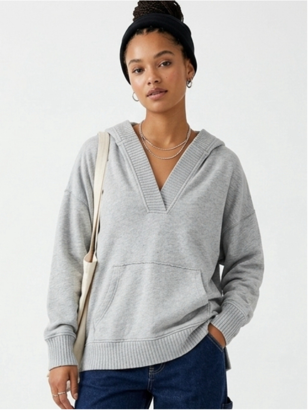Women's Aerie Grey Oversized V-Neck Hoodie Sweatshirt Size Large - 862
